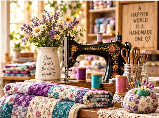 A warm sewing room with a vintage sewing machine, flowers, thread, and folded handmade fabrics